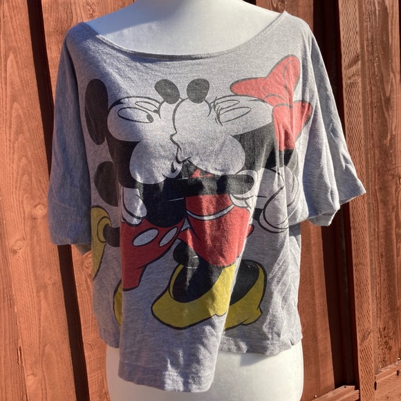 Disney Tops - Disney Mickey & Minnie Mouse Kiss Wide Neck Cropped Tee